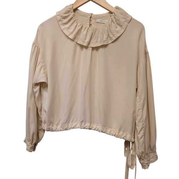 Doen Silk Crysanthe Waist Tie Top Cream Ruffle Collar Cottagecore Fairy Whimsy - Picture 2 of 7